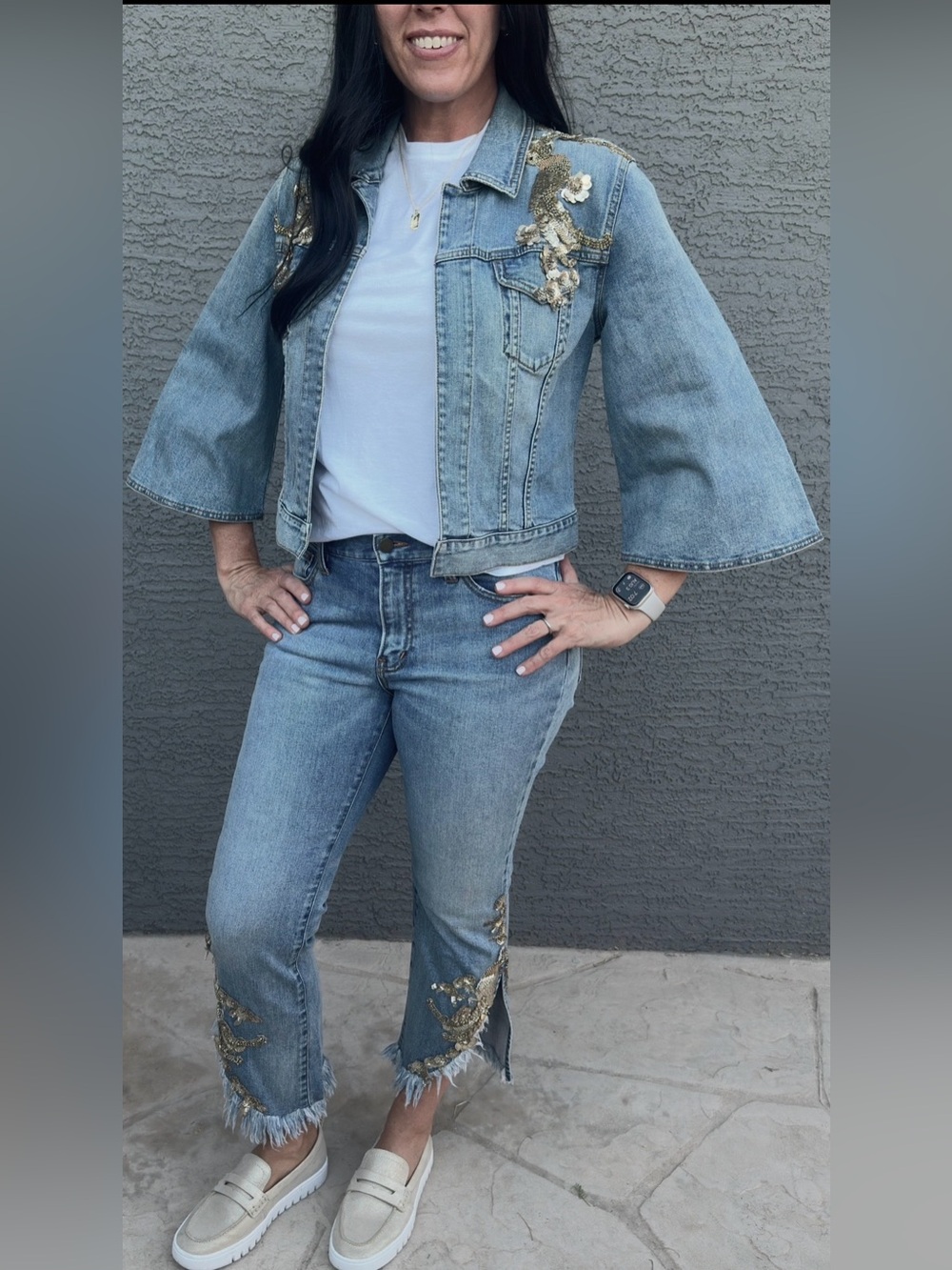 Vtg Kobi Halperin Shiloh Gold Sequin
Embellished Denim Jacket & Crop Jeans Set